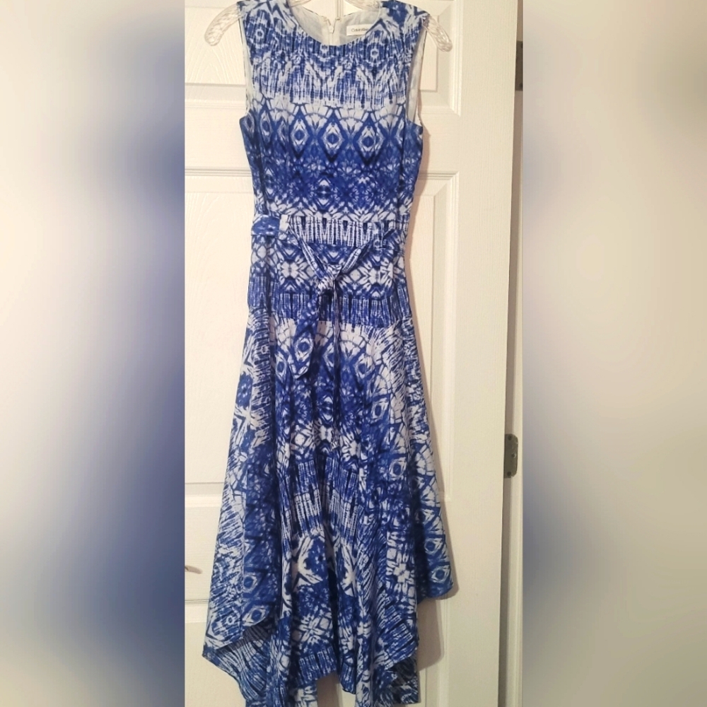 Calvin Klein High Low Dress in Blue and White (New)